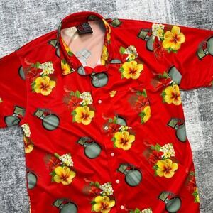 OAF Nation Shirt Mens 2XL Red Floral Hawaiian Grenade Military USA Button Up
